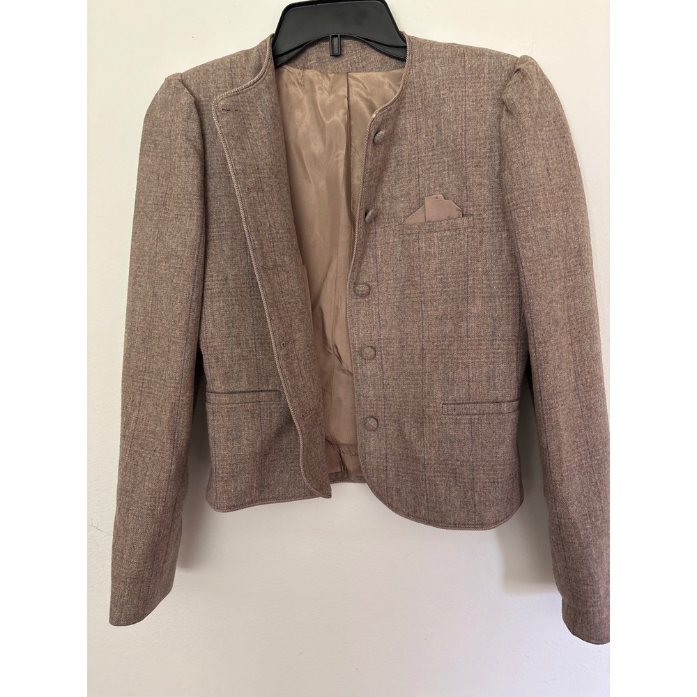 Sarah Taylor Blazer Women Size S Tan Pinstripe Wool Blend Excellent Puff Sleeve